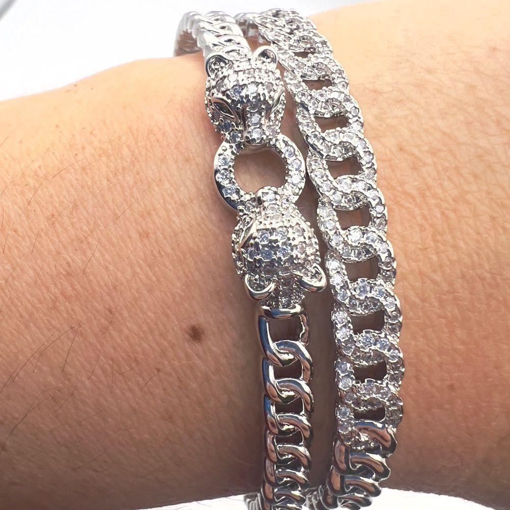 14k white gold filled double-bangle panther bracelet Cuban link - Picture 5 of 5